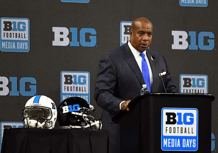 Big Ten commissioner Kevin Warren talks to the media during Big 10 football media days at Lucas Oil Stadium.
